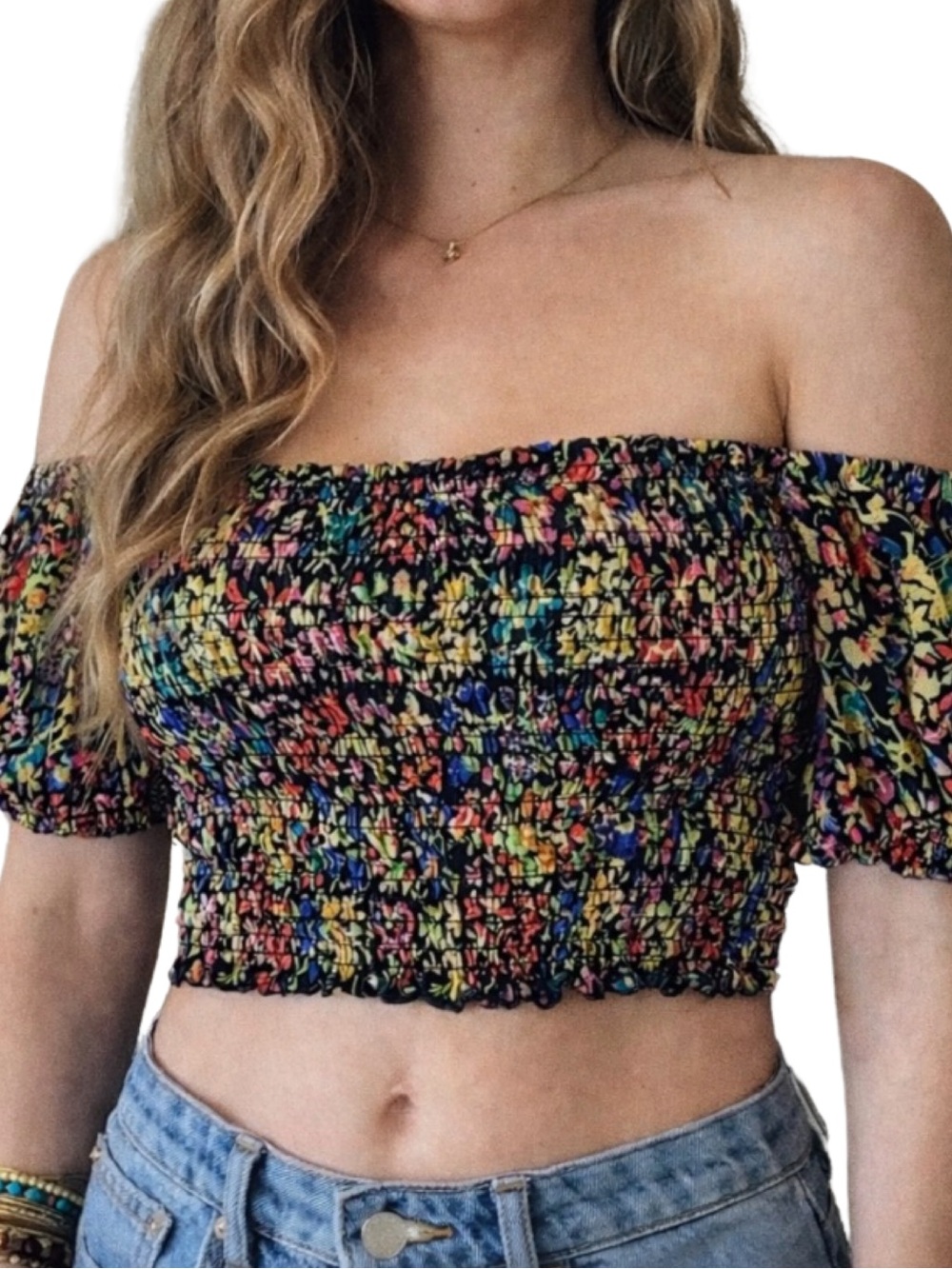 Urban Outfitters Sara Floral Smocked Puff Sleeve Crop Top - S - Multicolor